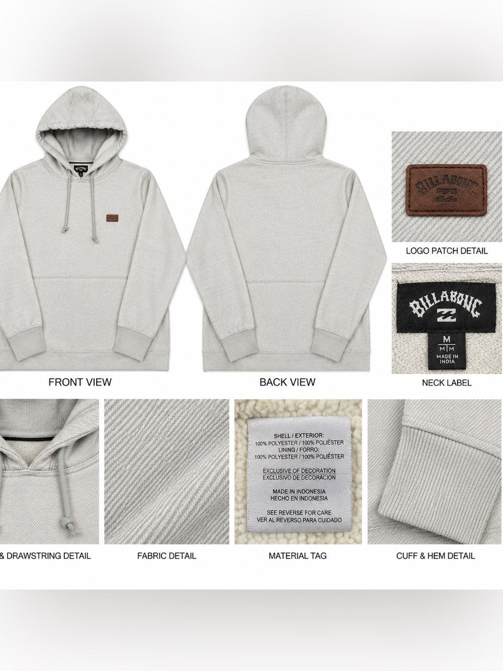 Billabong Men's Hoodie Pullover - Light Gray with Brown Patch M